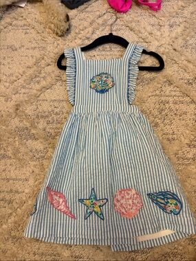 Mini Boden Blue and White Striped Seashell-Embroidered Sundress